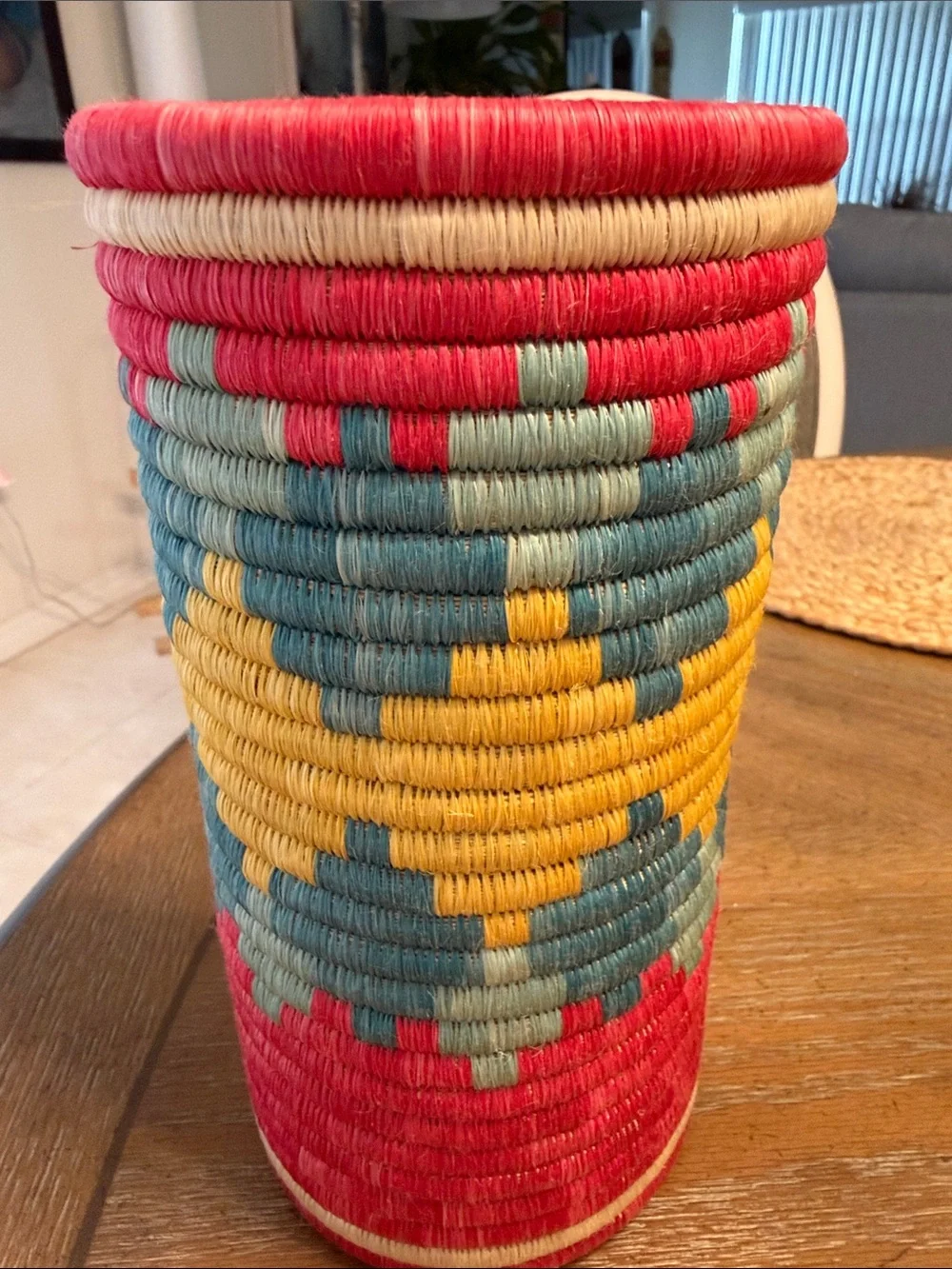 Handwoven Multicolor Decorative Basket – Red, Yellow & Teal